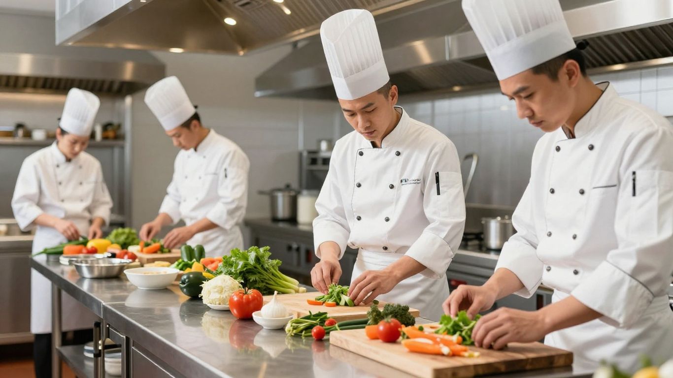 Chefs inspecting fresh produce in a kitchen.