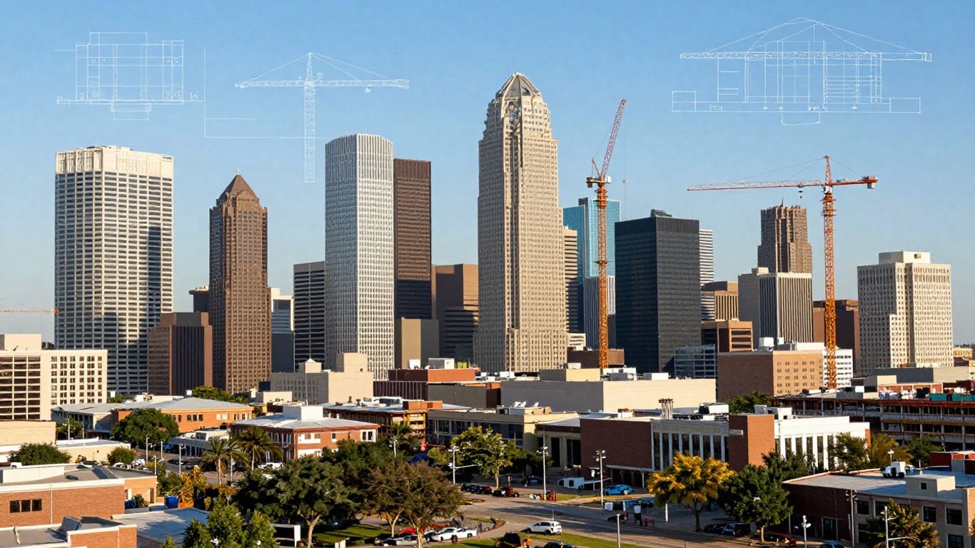 Dallas skyline with architectural blueprints and cranes.