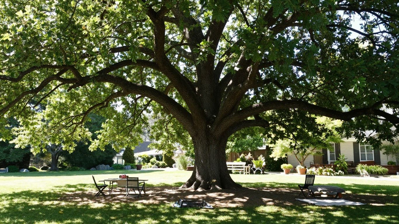 Large tree overhanging a backyard picnic area.