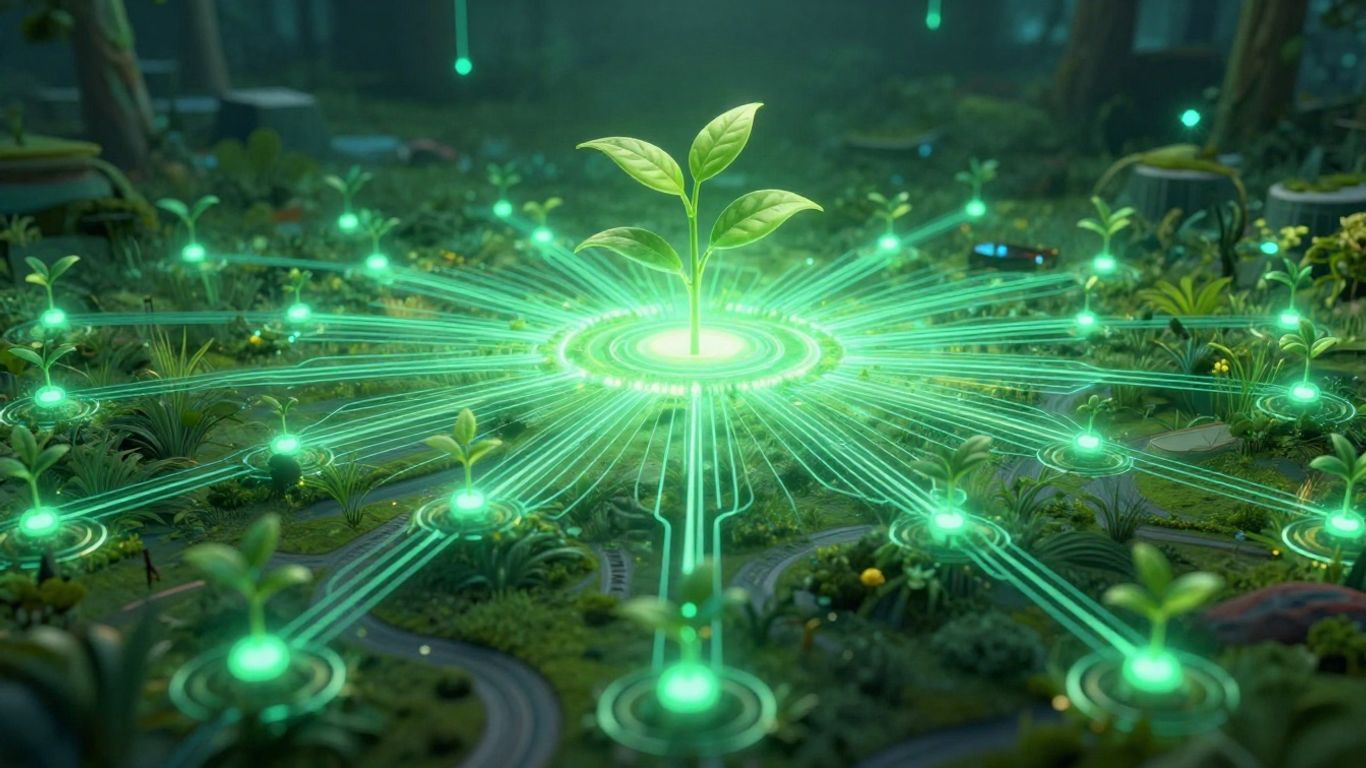 Digital growth pathways leading to a thriving plant.