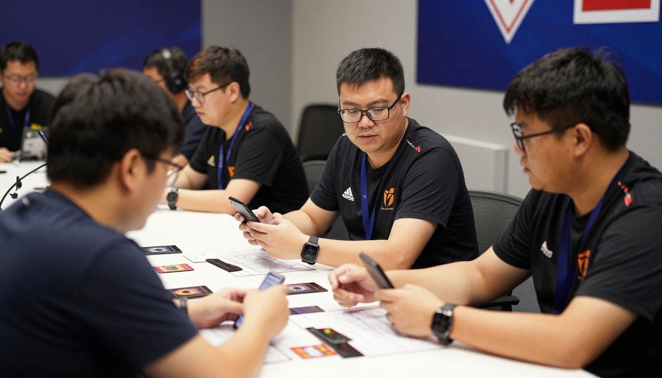 Jogadores analisando gráficos de rotação e atributos de cartas competitivas em torneios mobile