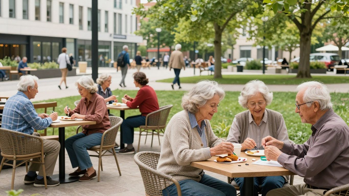 Diverse older adults enjoying active retirement in modern settings.