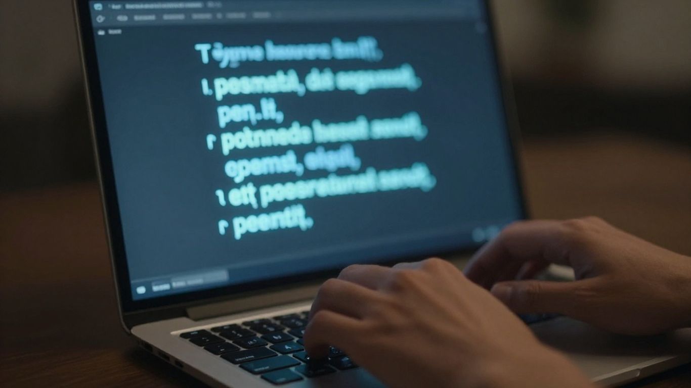 Hands typing on a laptop with glowing words on screen.
