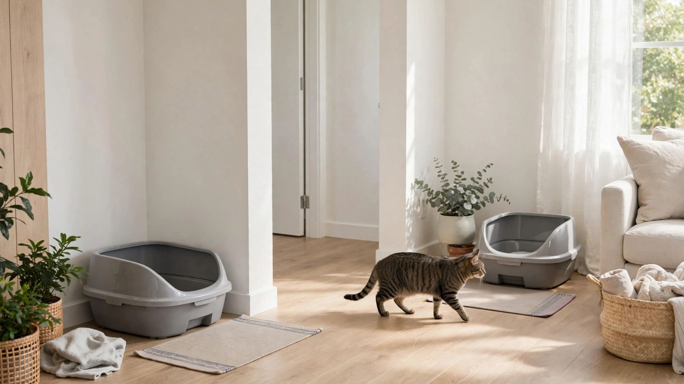 Separate litter boxes in calm accessible home locations
