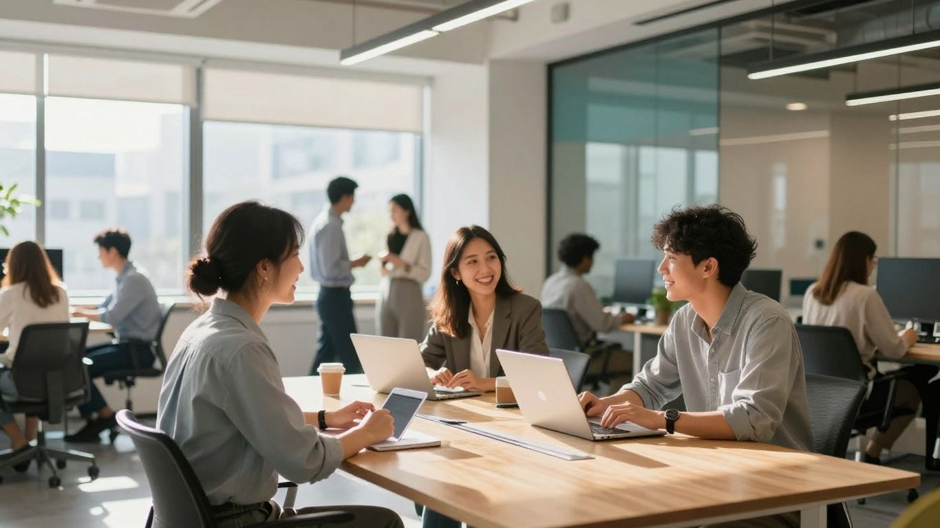 Team collaborating in a modern office, achieving growth.