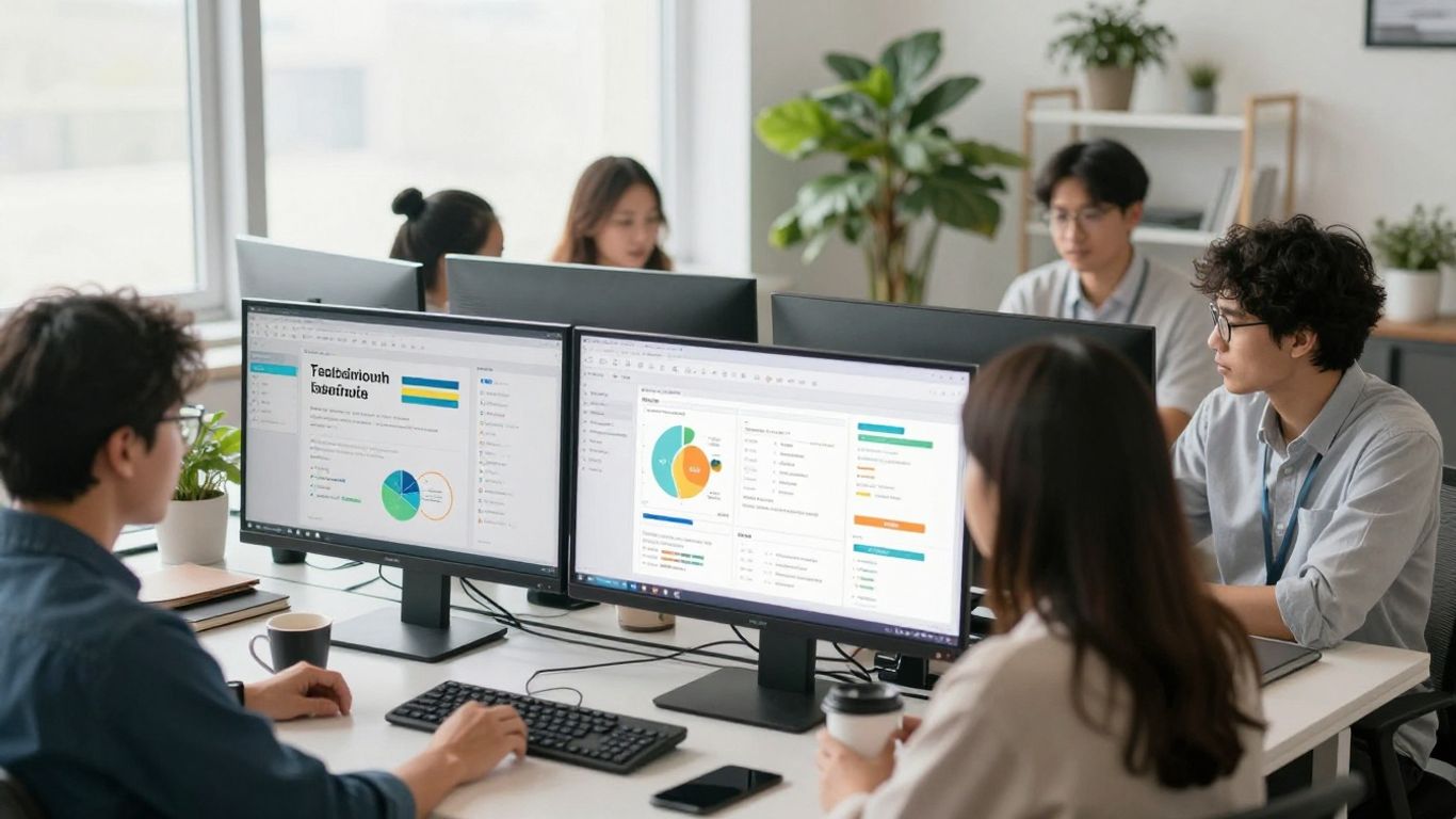 People working at computers in a modern office