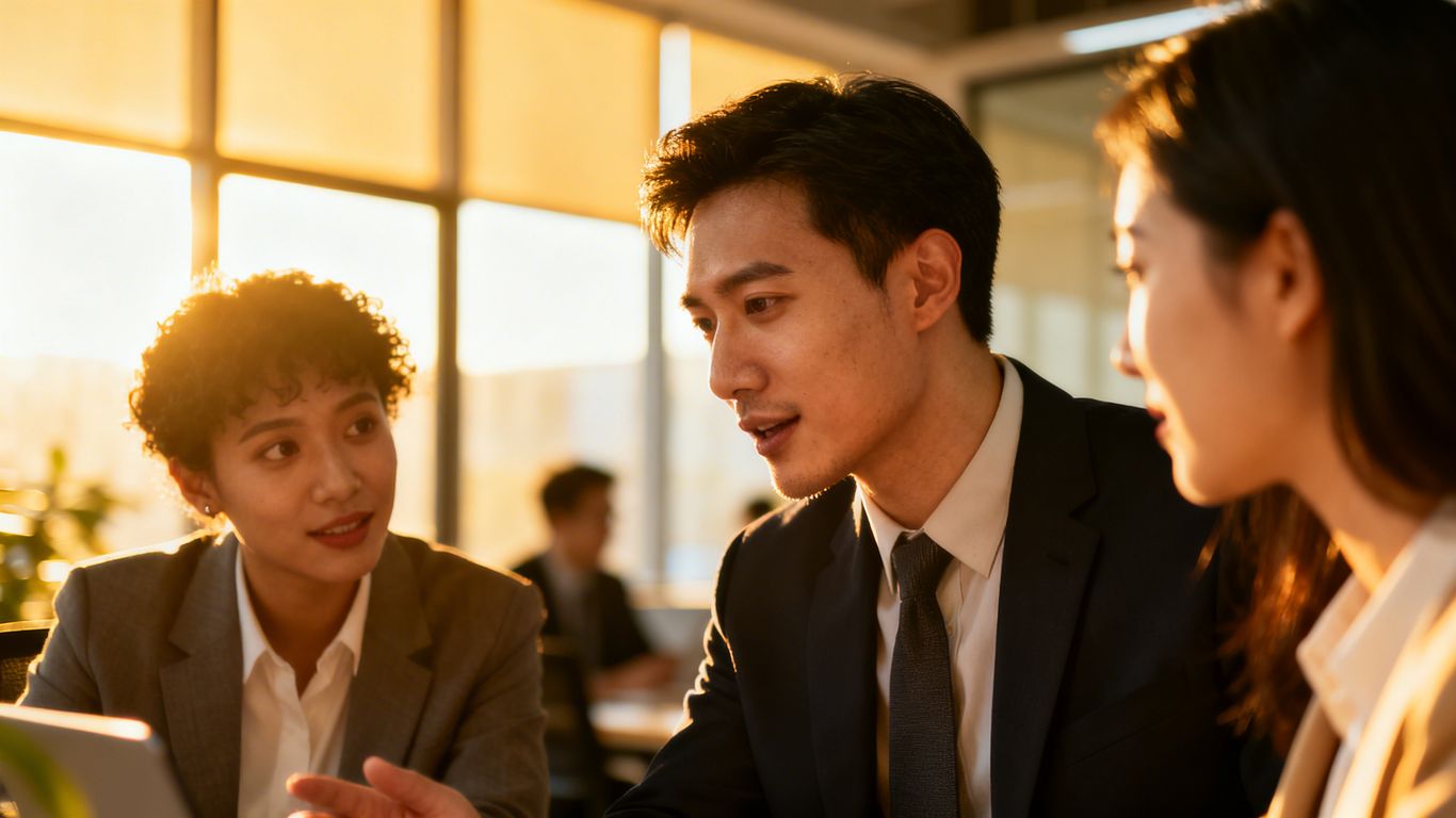 Professionals collaborating in a bright, modern office.