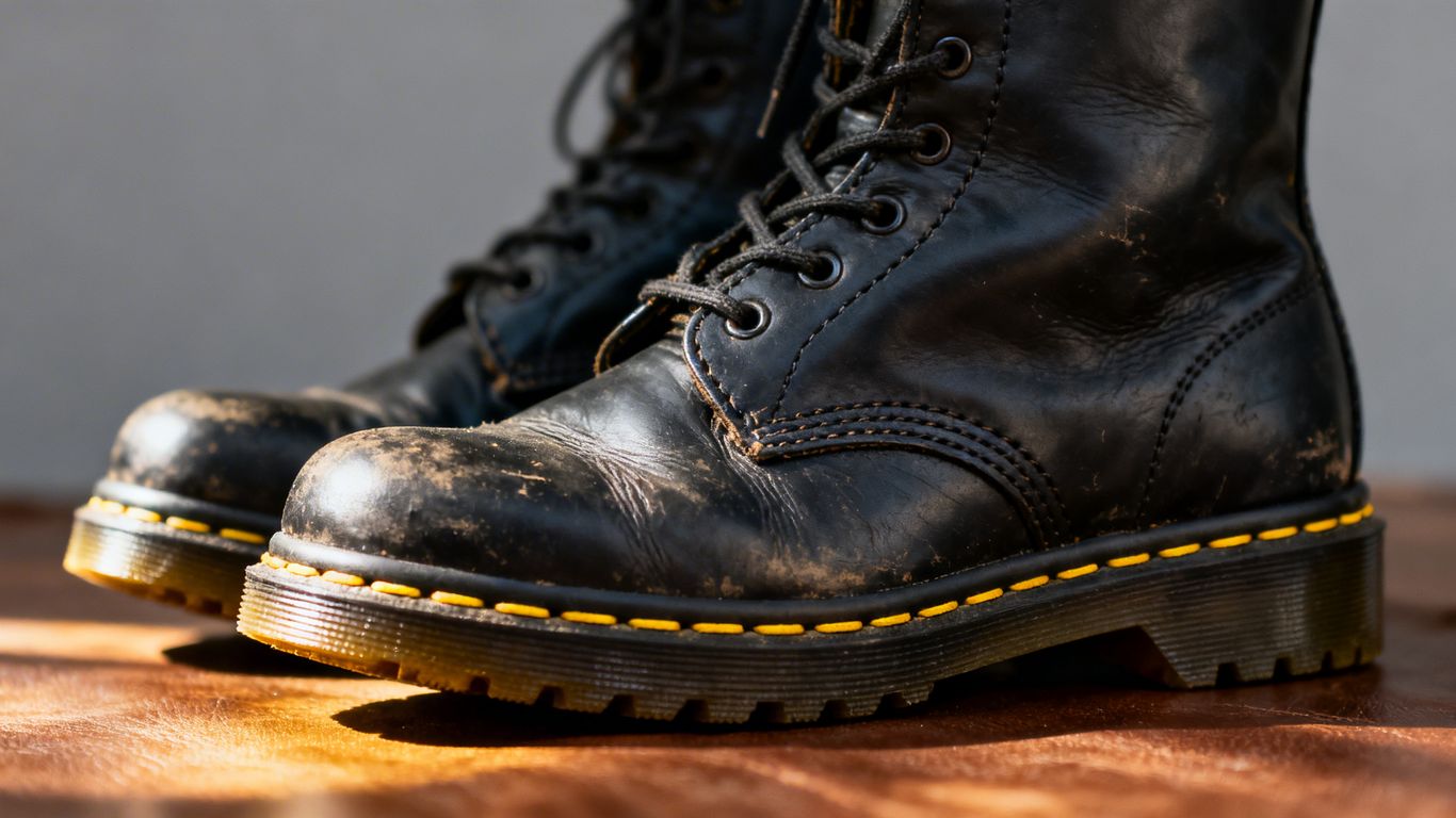 Iconic black Doc Martens boots with yellow stitching.