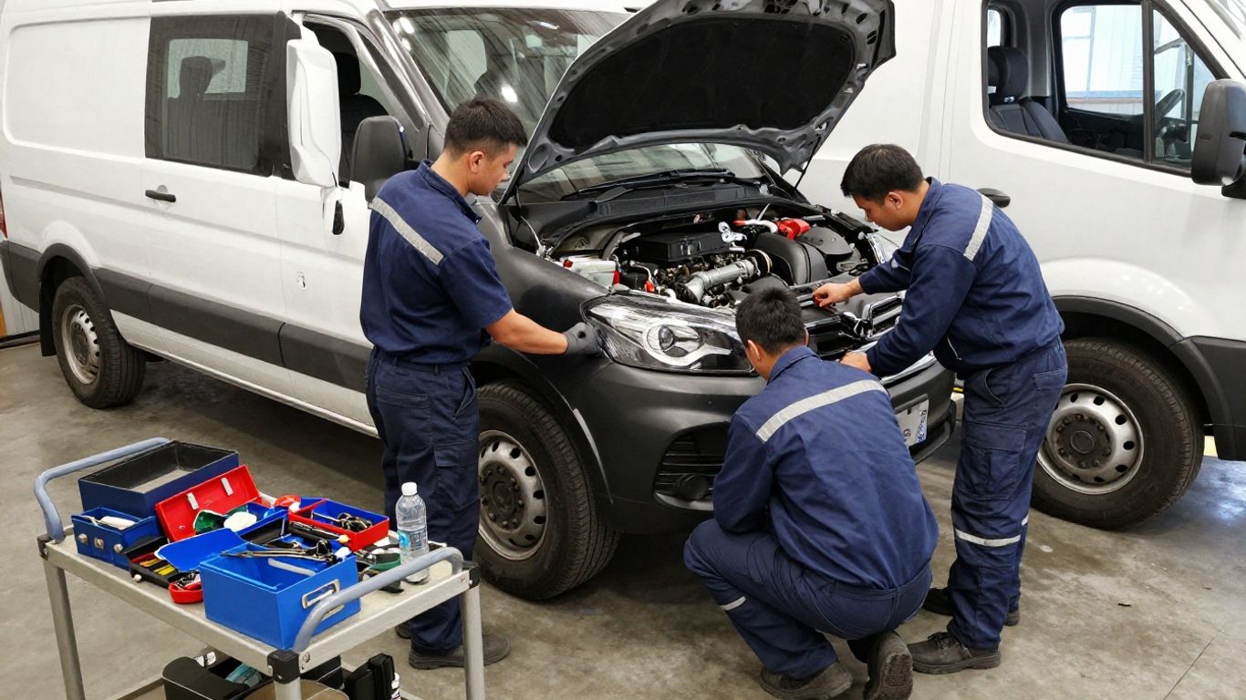 Fleet maintenance team preparing vehicle replacement work