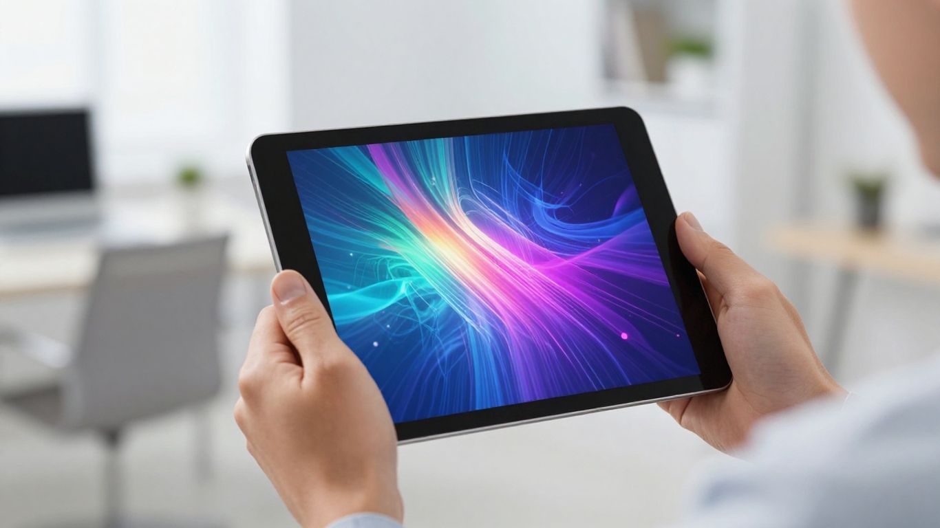 Hands holding a tablet with a digital pattern.