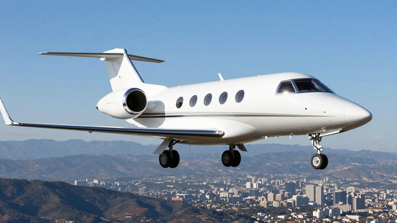 Private jet flying over a city towards mountains.