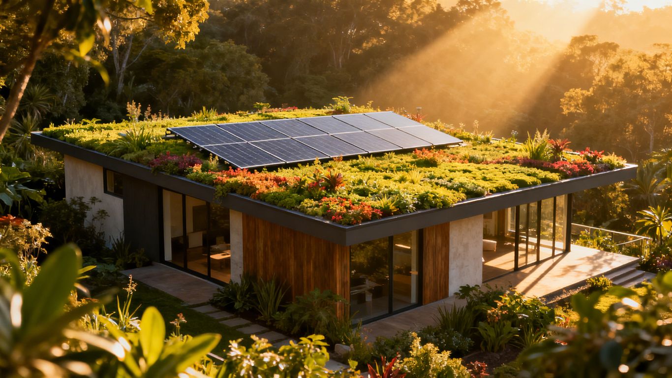 Modern sustainable house with green roof and solar panels.