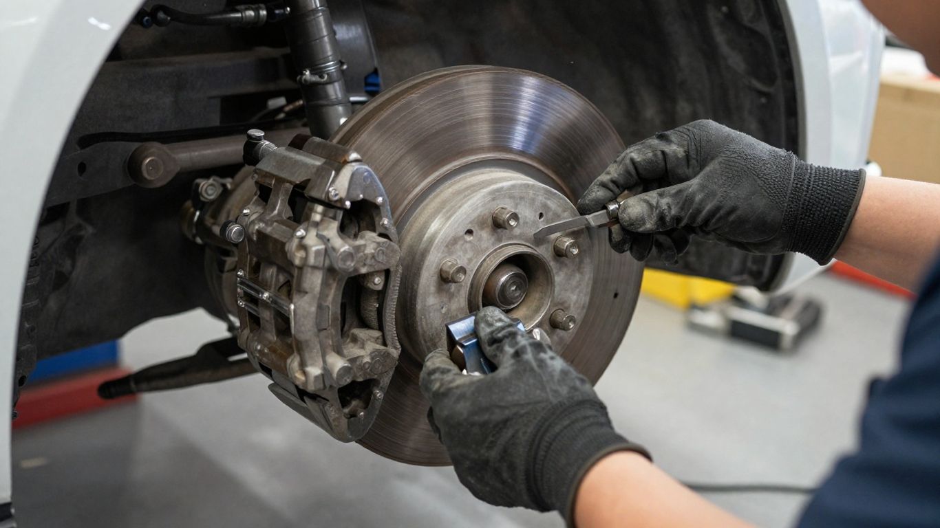Technician measuring worn brake pad thickness