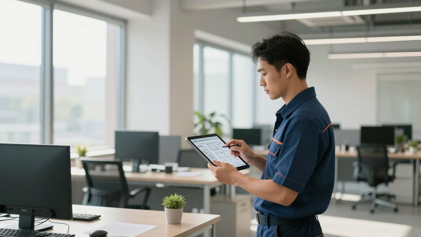 HVAC technician using tablet in modern office