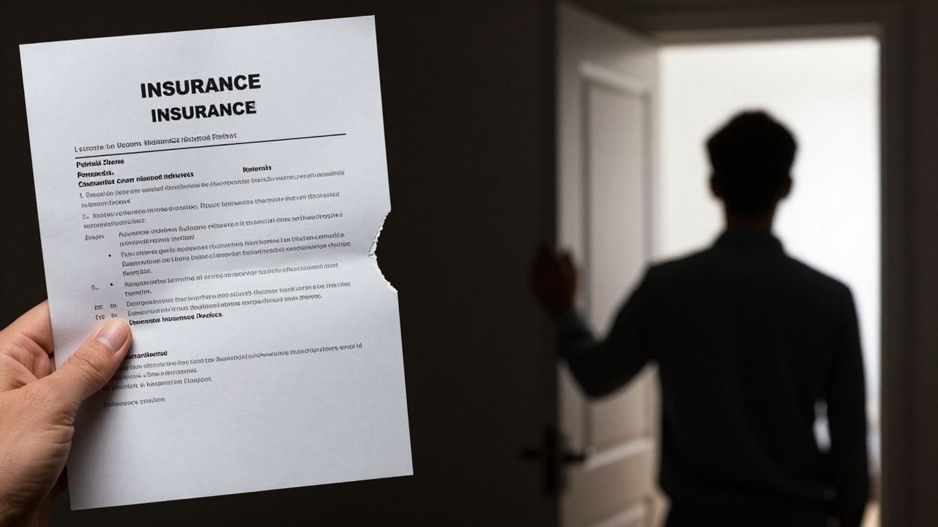 Insurance policy document and a person walking towards a bright door.