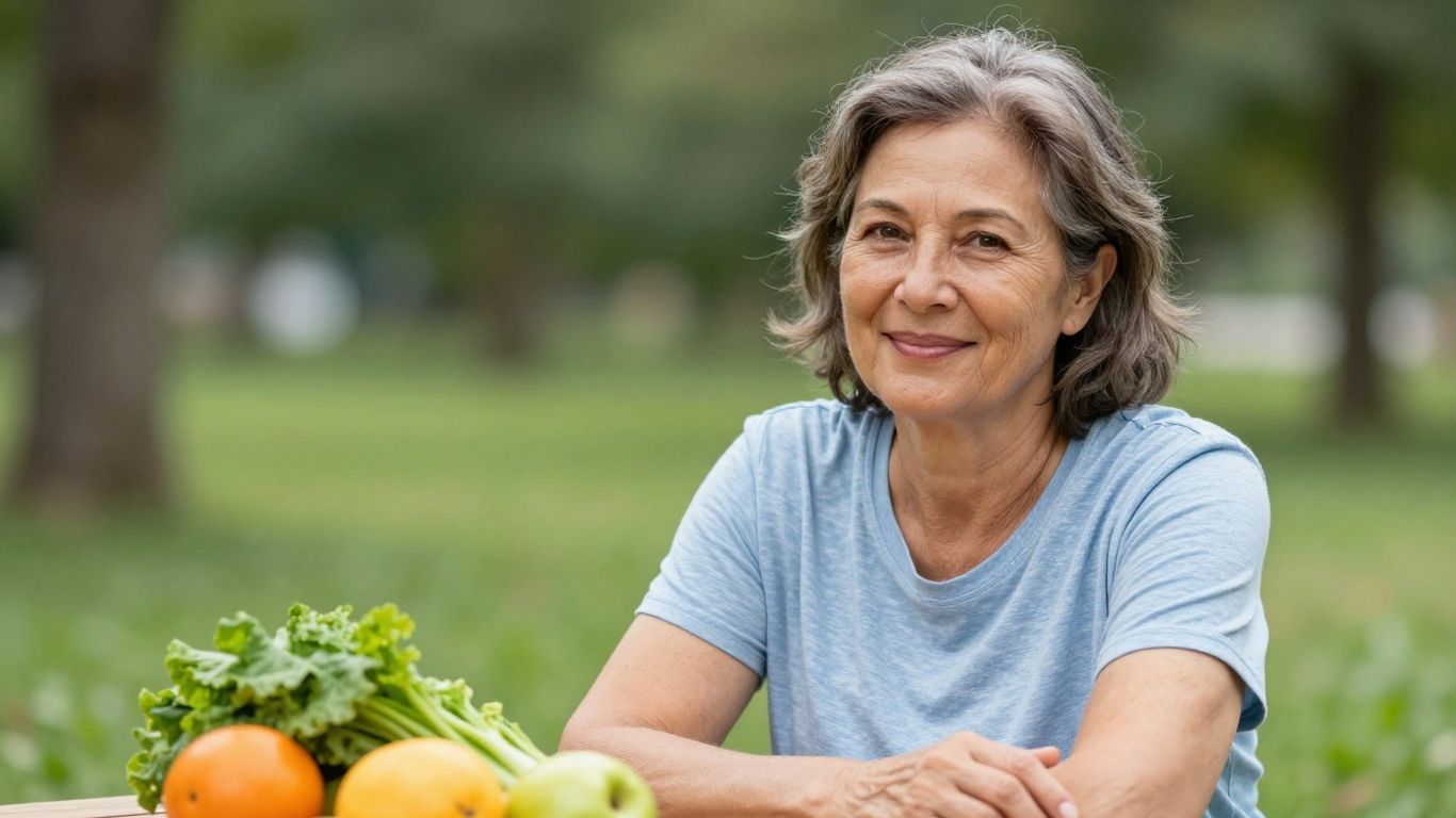 Mulher saudável na casa dos 40 anos sorrindo