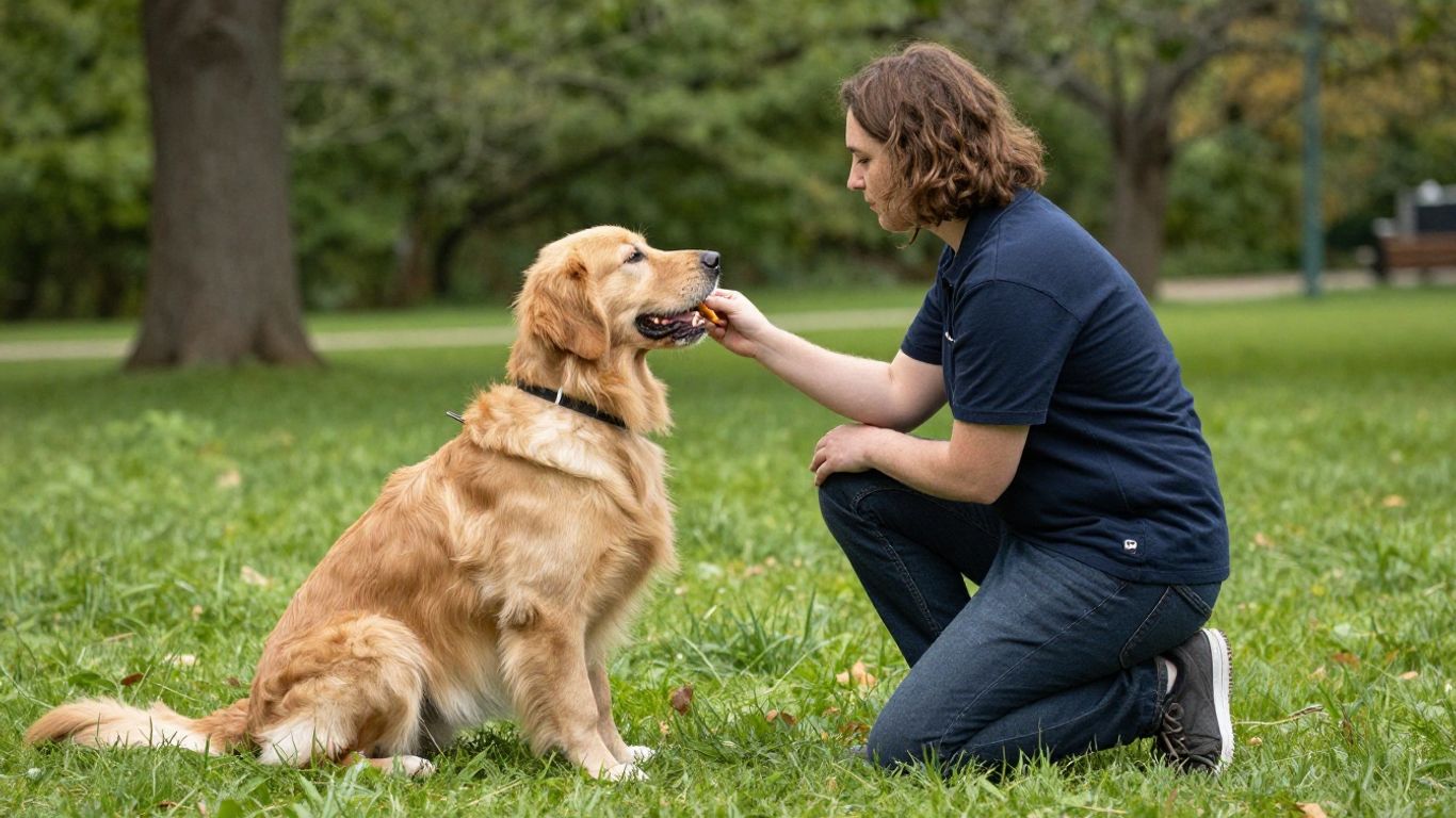 Dog trainer working with a golden retriever in a park.