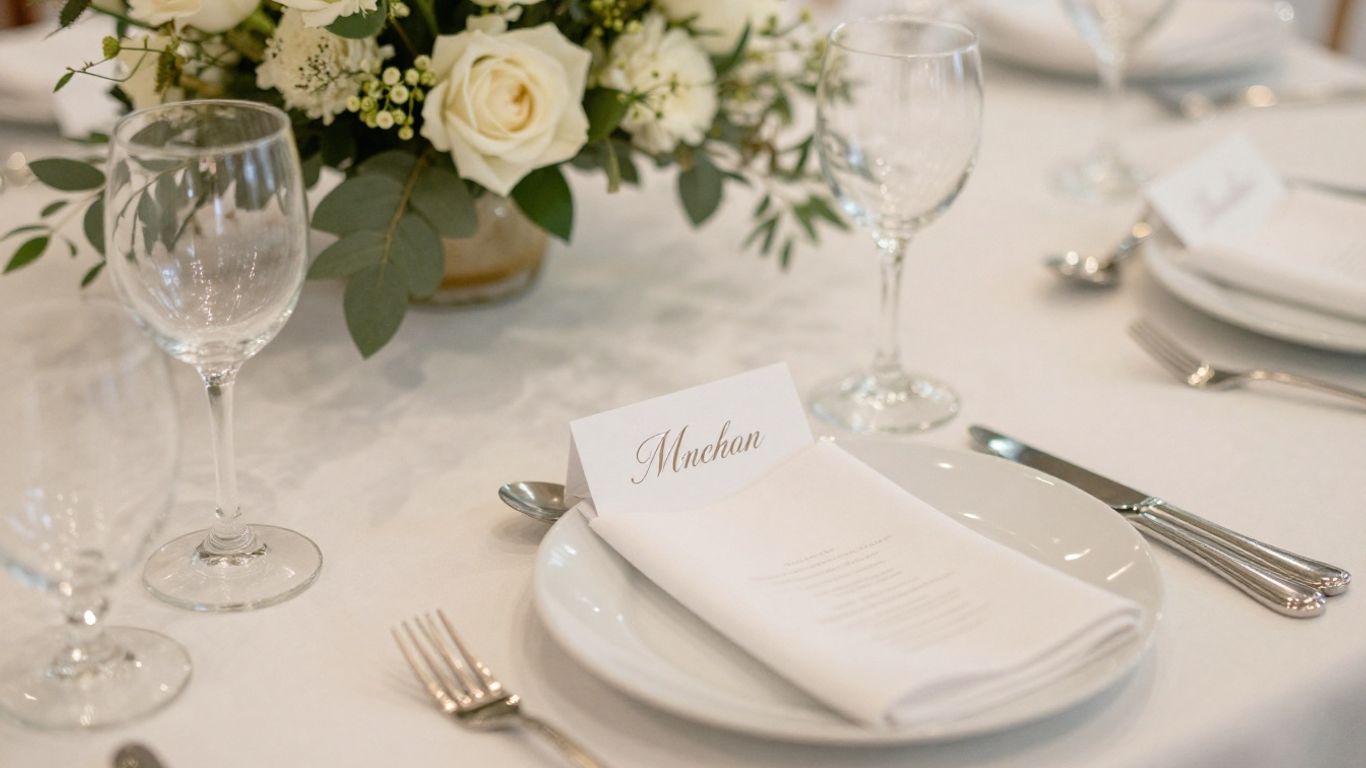 Elegant wedding table setting with personalized place cards and flowers.