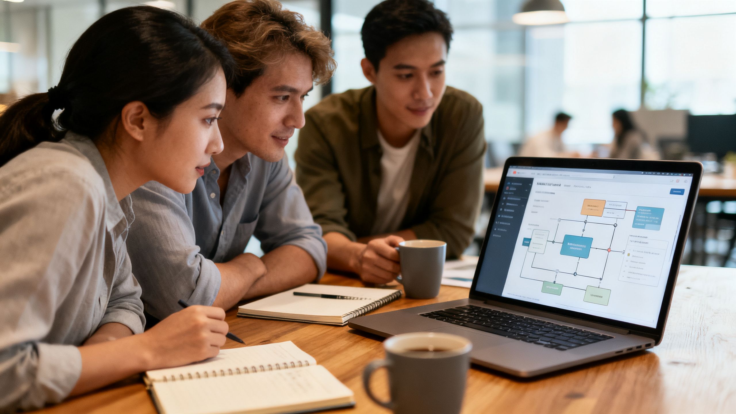A small team collaborating around a desk, looking at a laptop screen showing a project plan.
