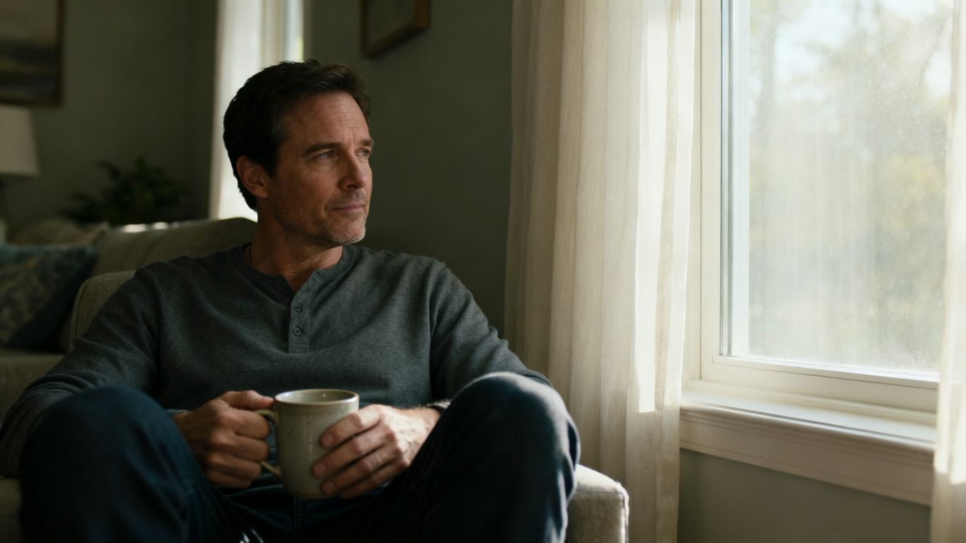 Person pausing beside a quiet window