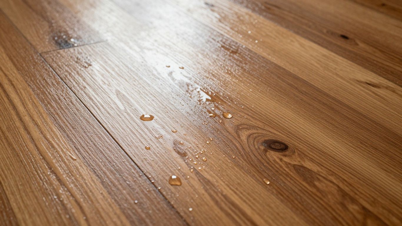 Gleaming hardwood floor with water droplets after rain.