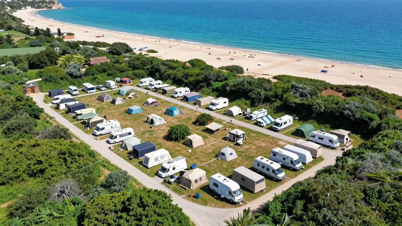 Conques Beach Campsite with tents and the Mediterranean Sea.