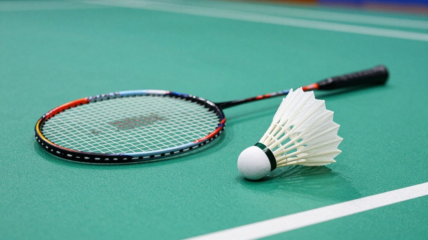 Badminton racket and shuttlecock on a court.