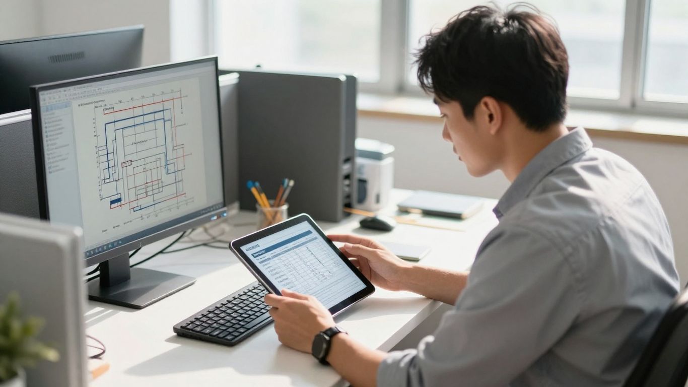 HVAC technician using software for estimates on a tablet.