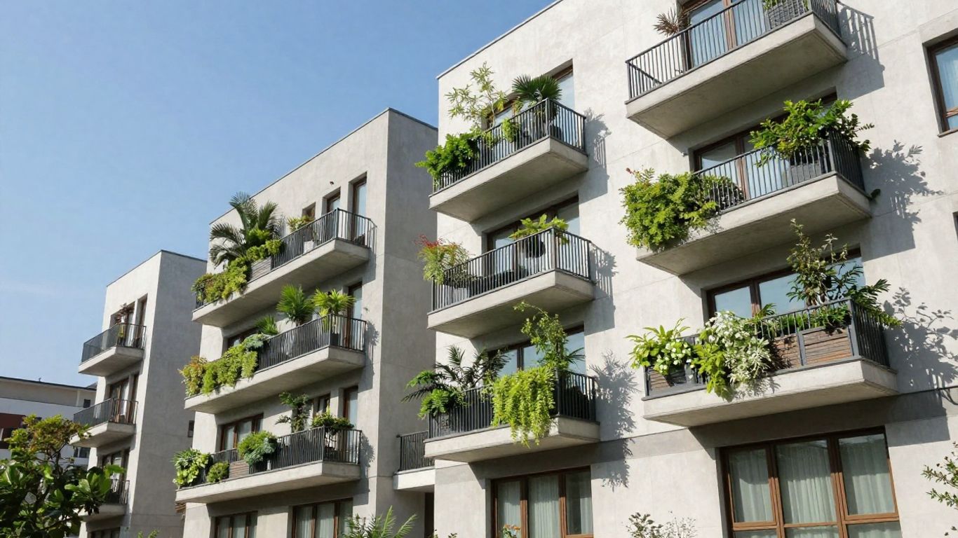 Modern apartment building with balconies and greenery in Brisbane.