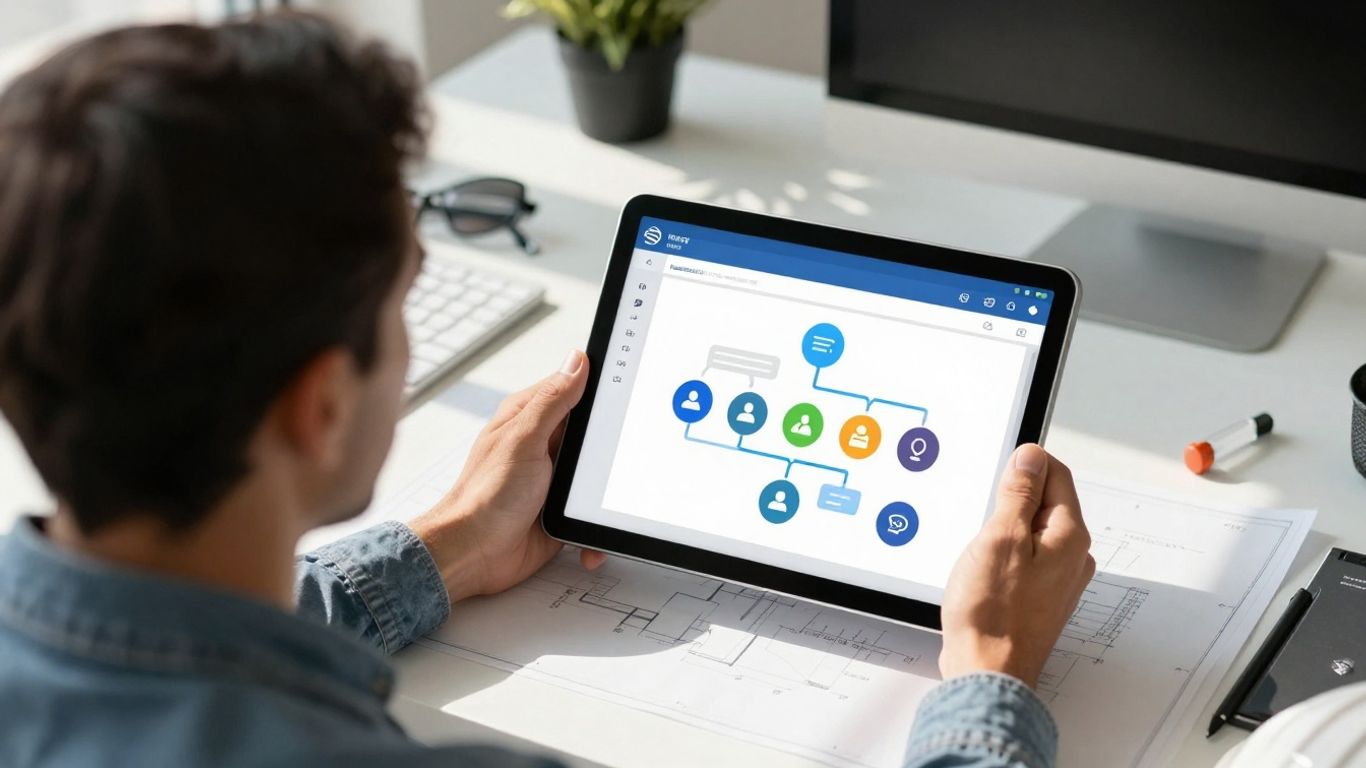 Contractor using communication software on a tablet.