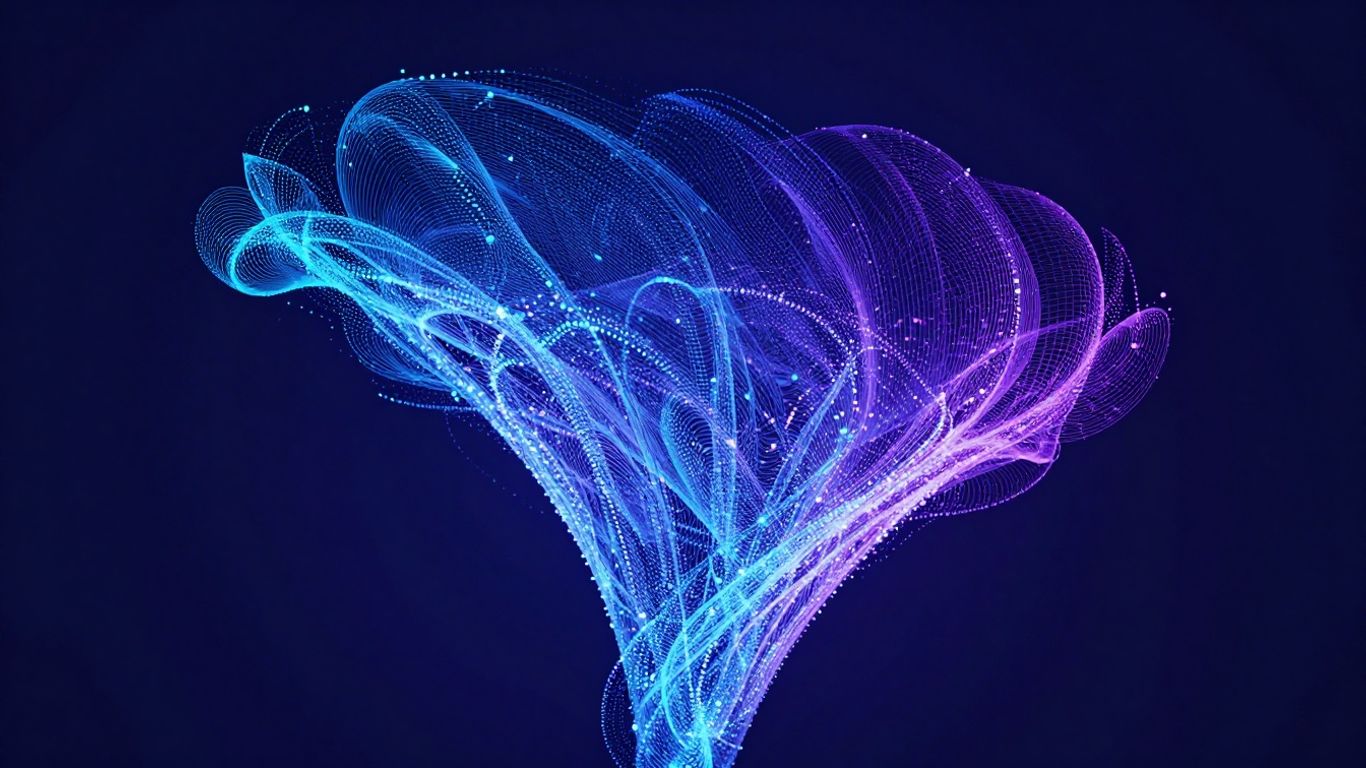 AI-powered funnel transforming digital particles.