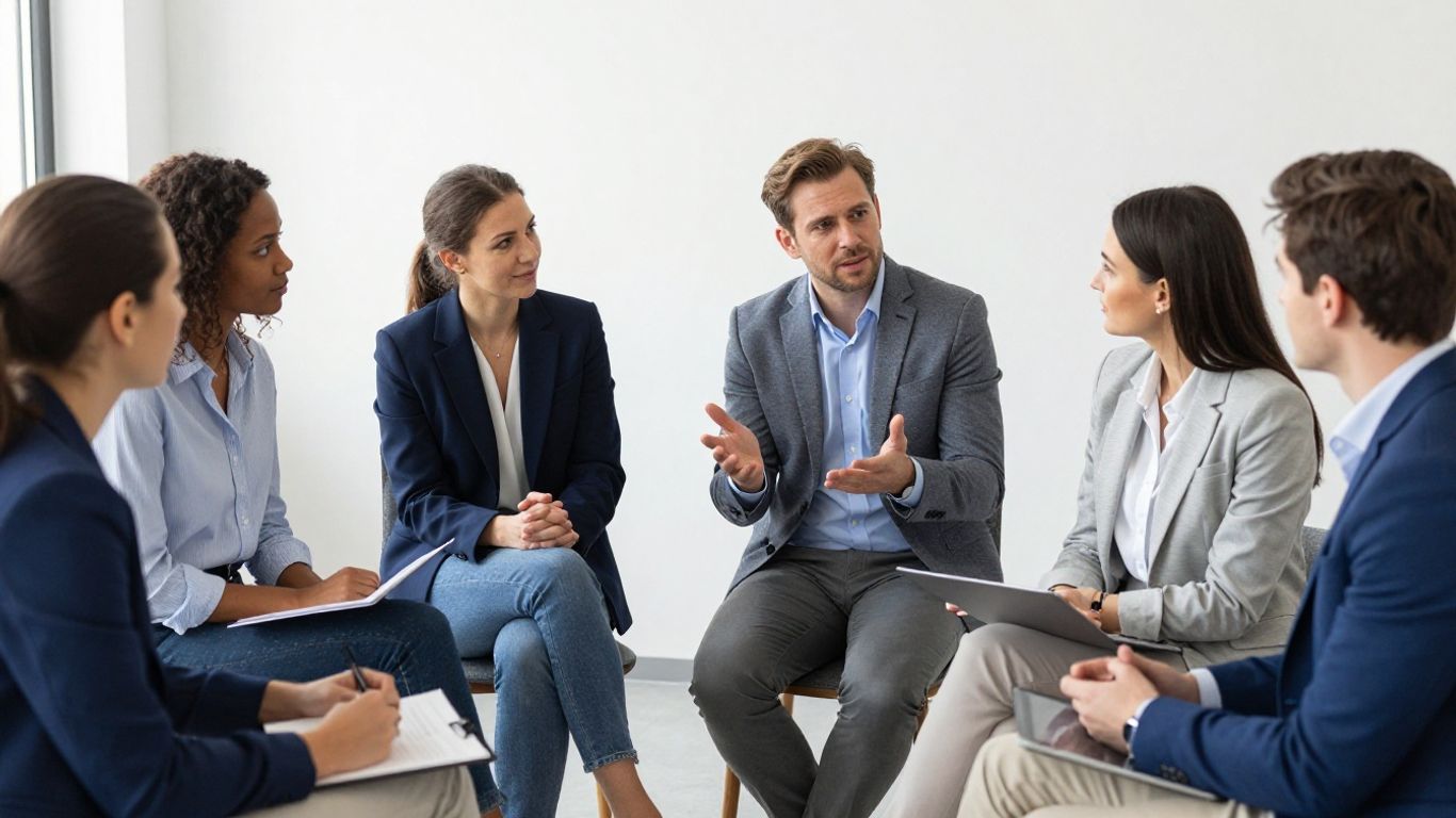 B2B-Vertriebstalente im Gespräch in einem modernen Büro.