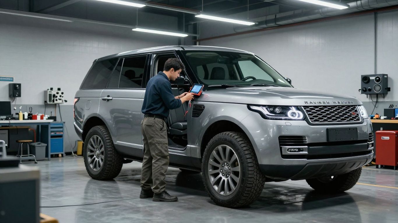Land Rover transmission diagnostic equipment in a workshop