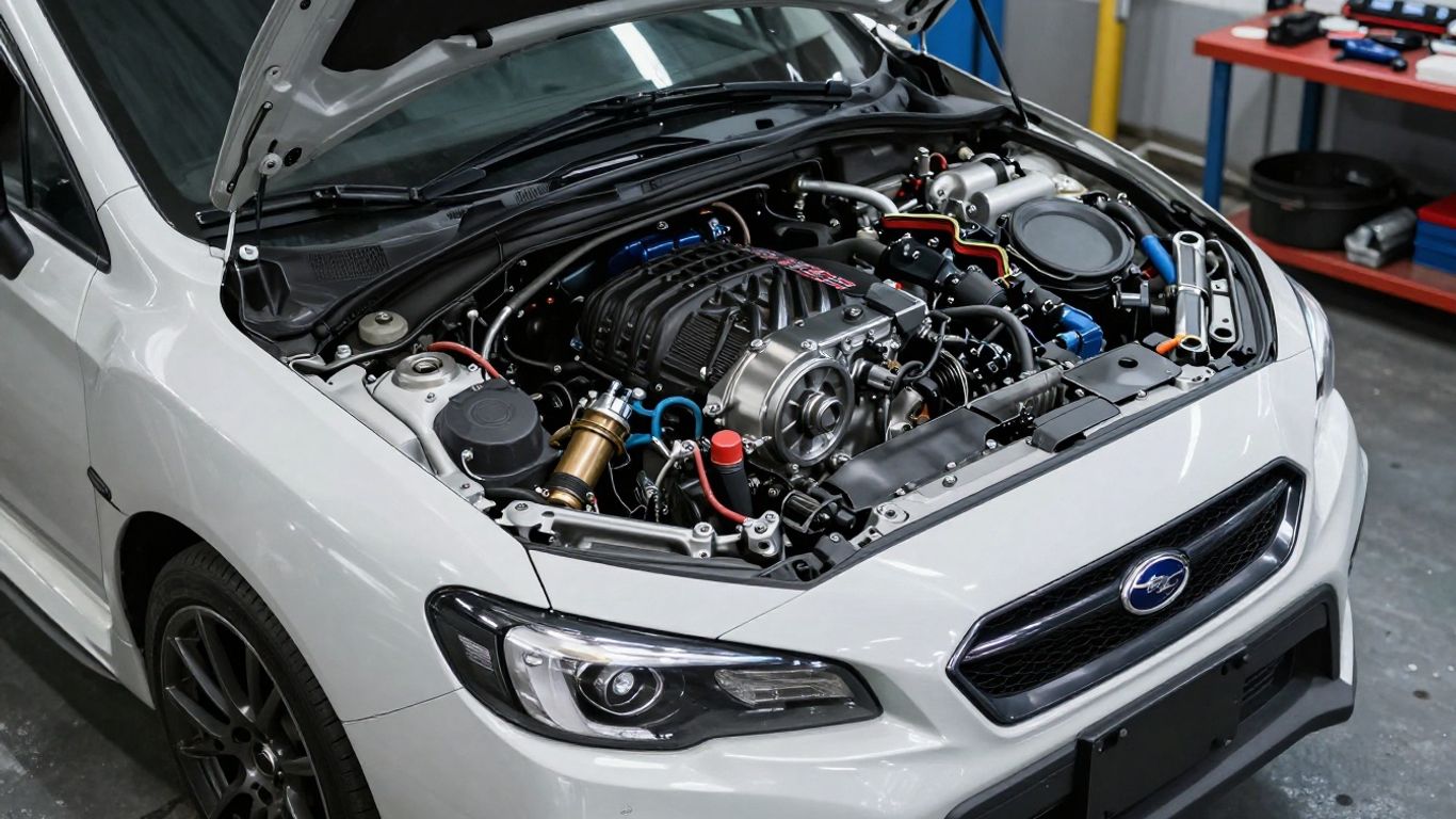 Subaru WRX engine on a workshop bench