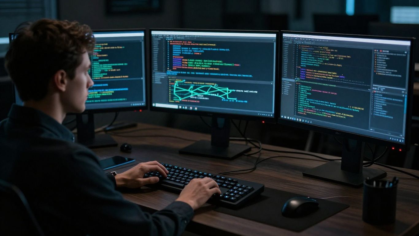 Cybersecurity expert performing penetration testing on computers.