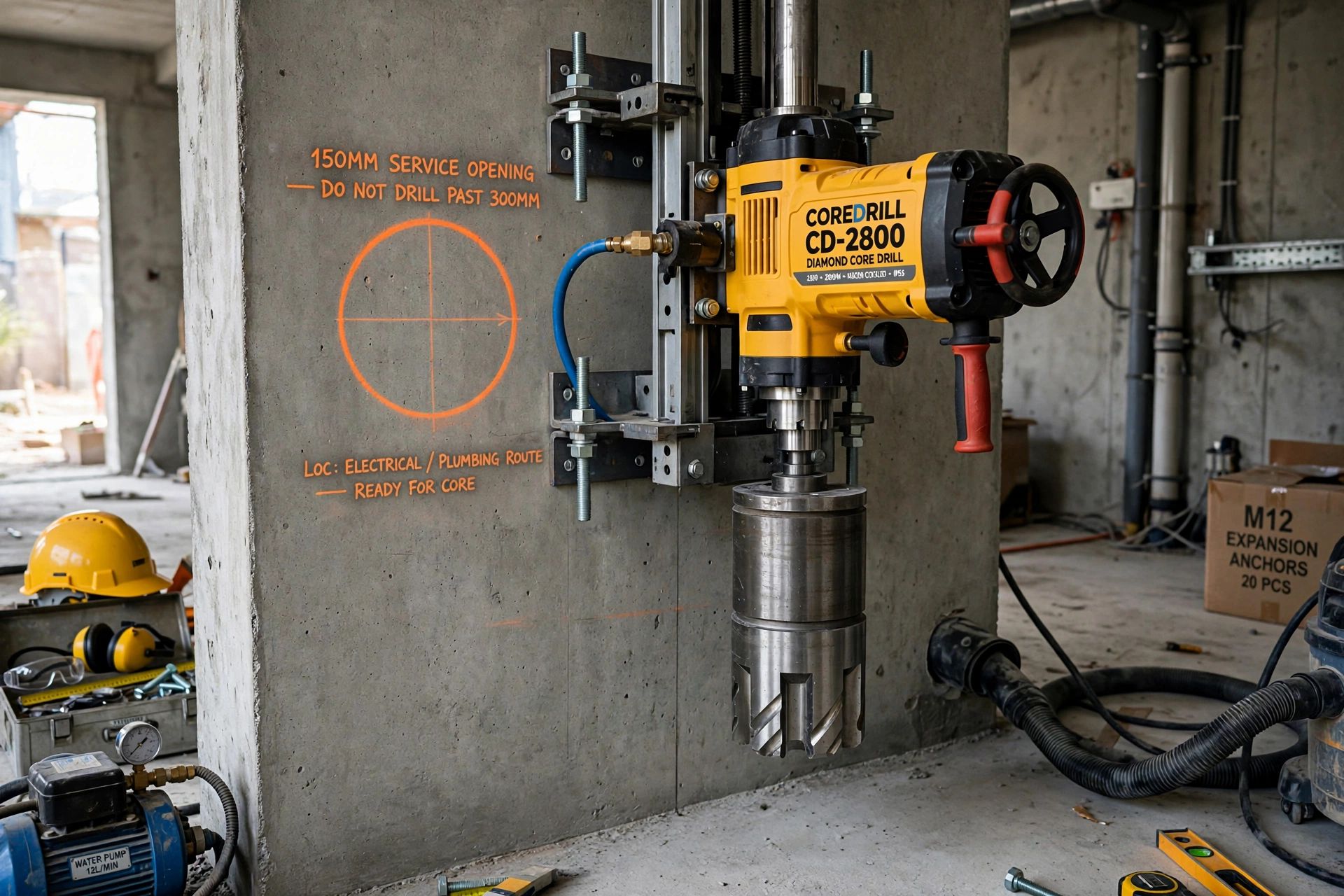 Rig-mounted diamond core drill securely anchored to a concrete wall, ready to cut a service opening