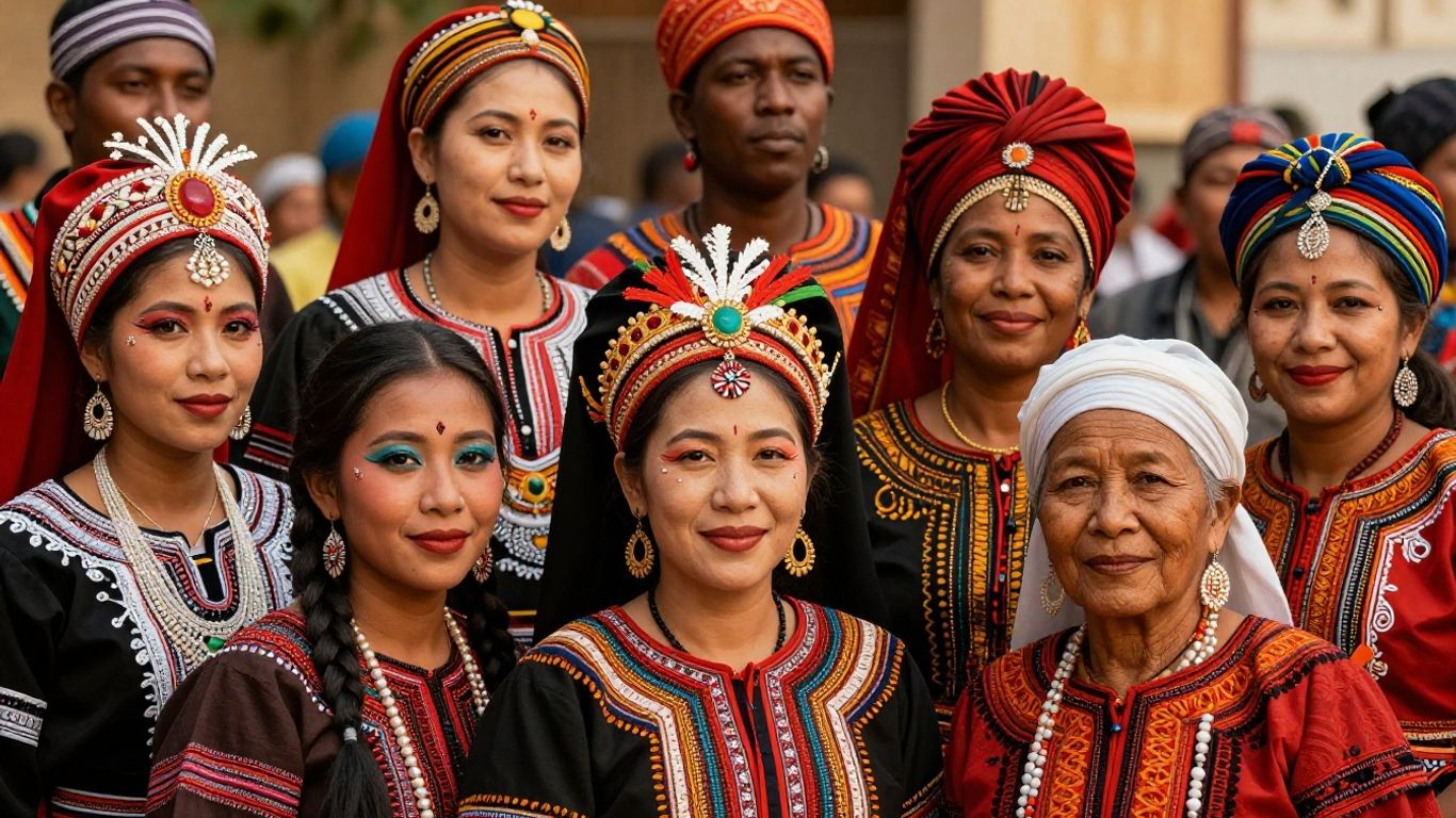 Diverse people in traditional cultural attire and makeup.