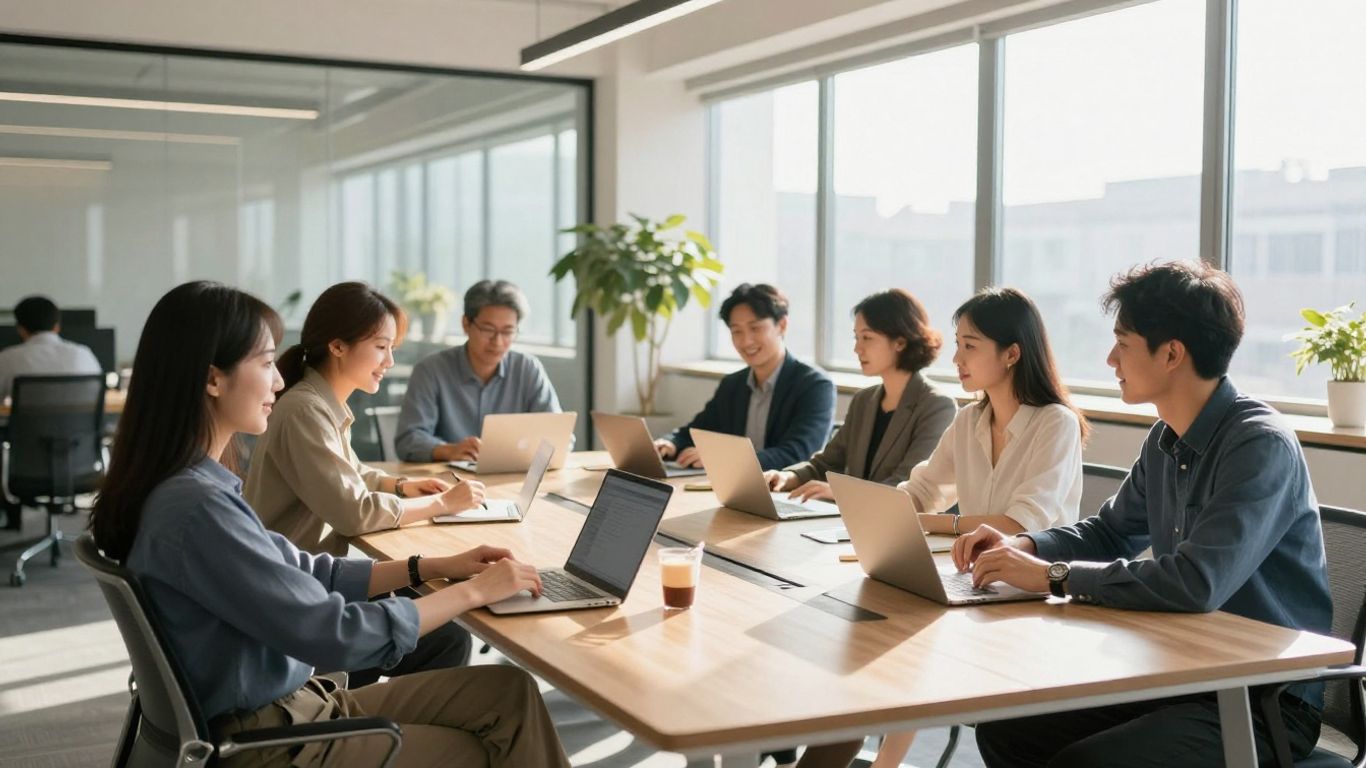 Agency team collaborating in a bright, modern office.