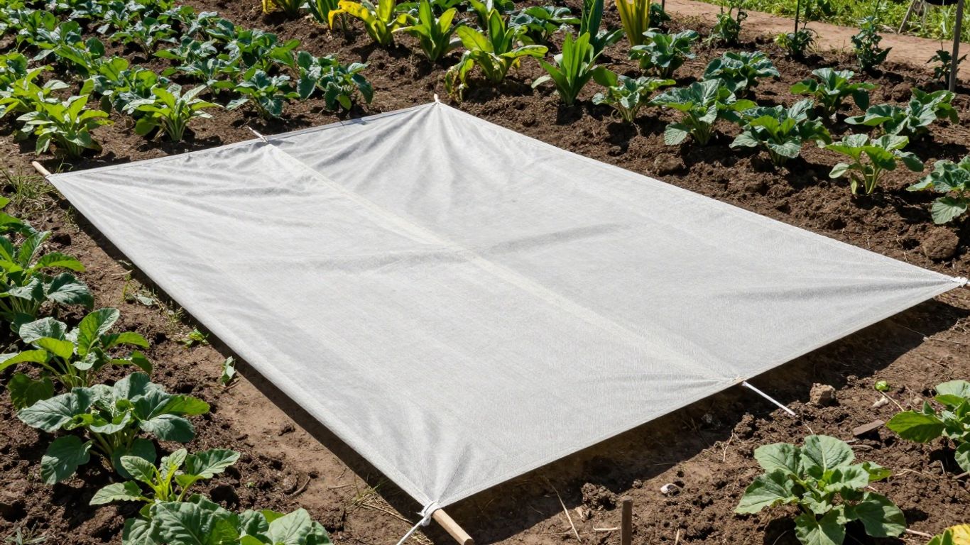 Canvas tarpaulin covering plants in a garden.