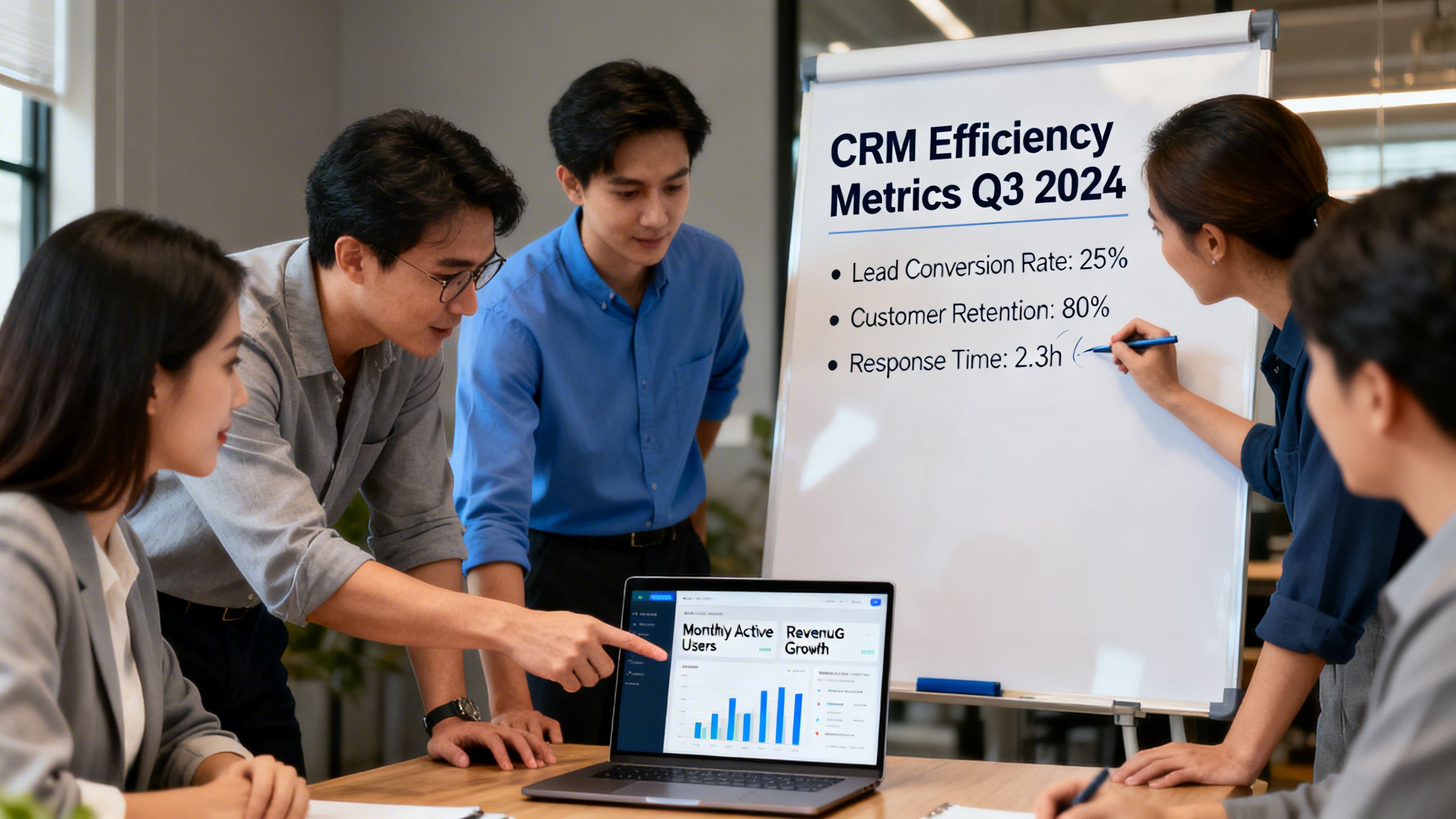 Team collaborating while reviewing CRM efficiency metrics on a laptop and whiteboard