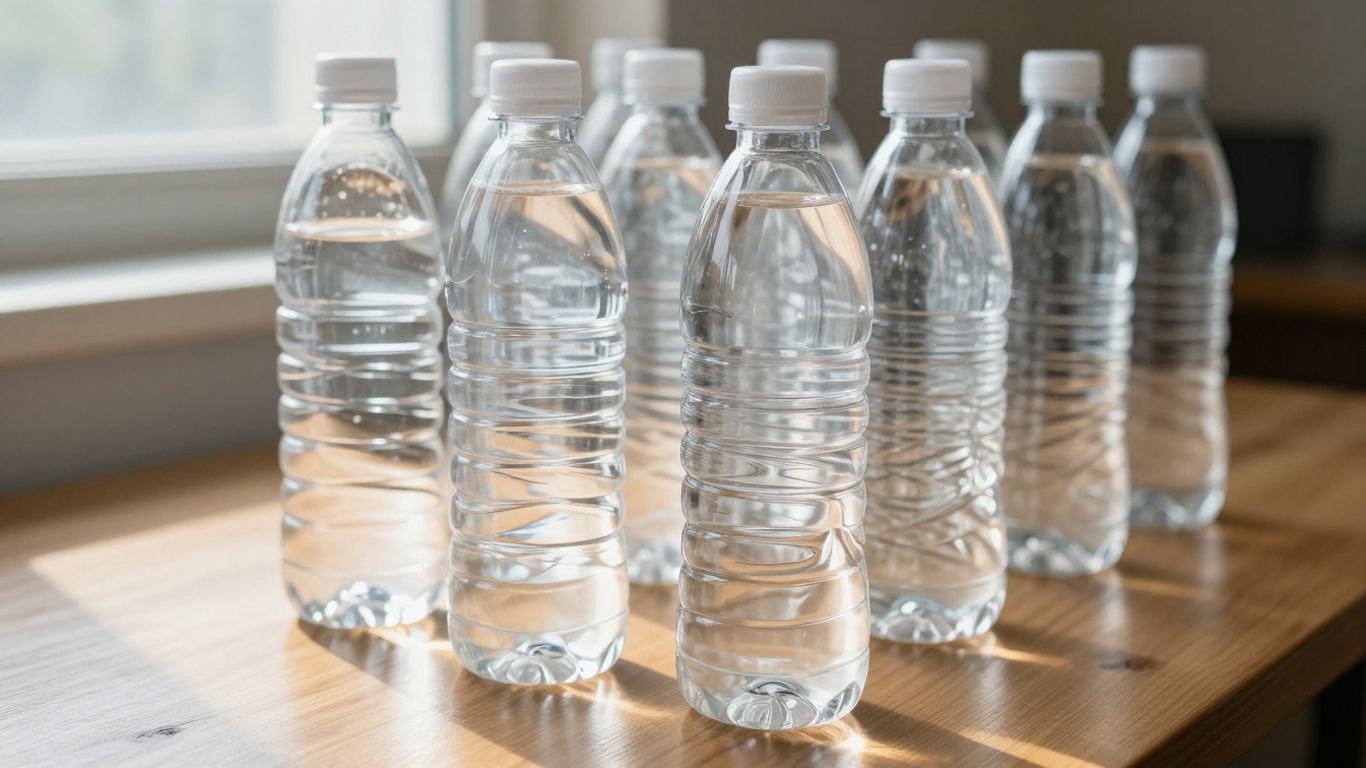 Bottles of clean water on a table.