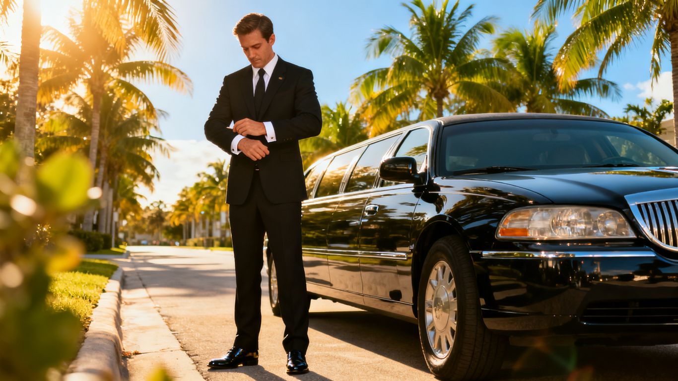 A professional chauffeur standing by a black sedan