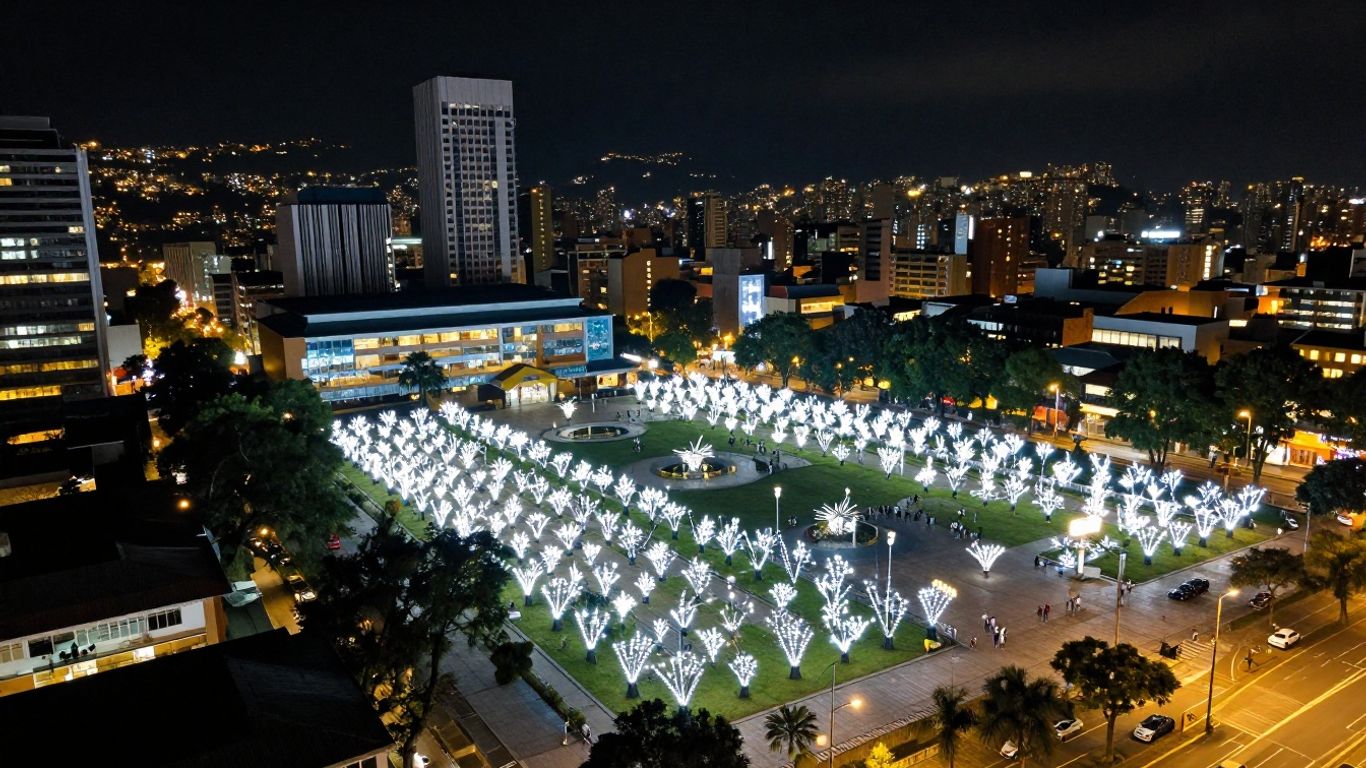 Parque de las Luces illuminated at night in Medellin.