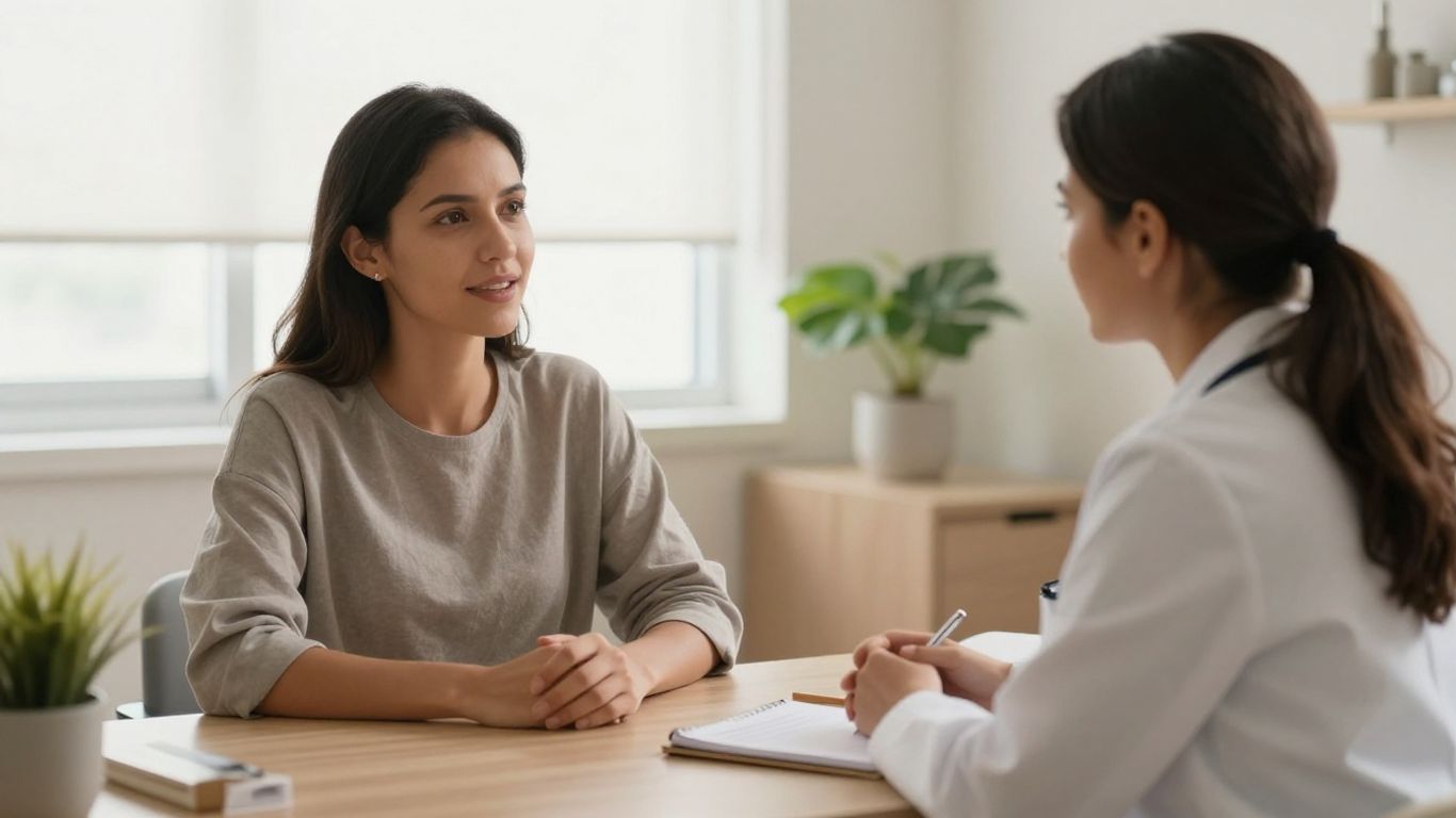 Paciente conversa com ginecologista em consultório acolhedor