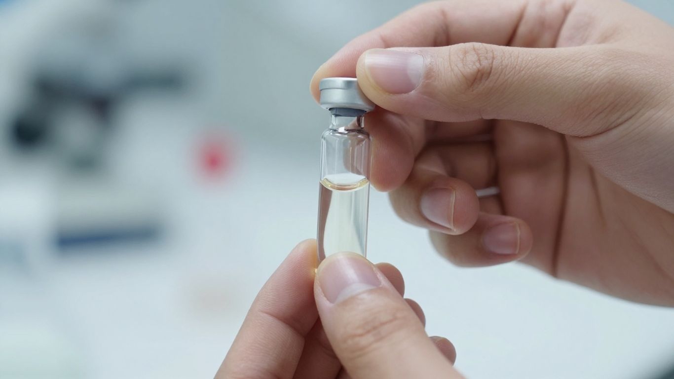 Hand holding a clear vial with liquid.