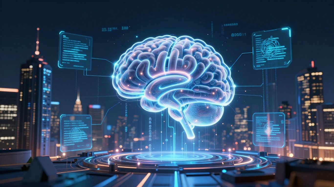 AI brain connecting to digital interfaces in a futuristic city.