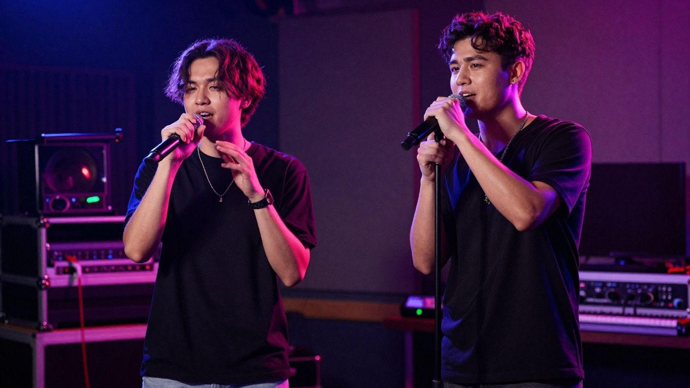 Singers recording a pop duet with a HeadRush VX5 microphone.