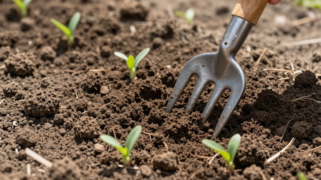 Boden im Frühling lockern mit Gartengerät und jungen Pflanzen.