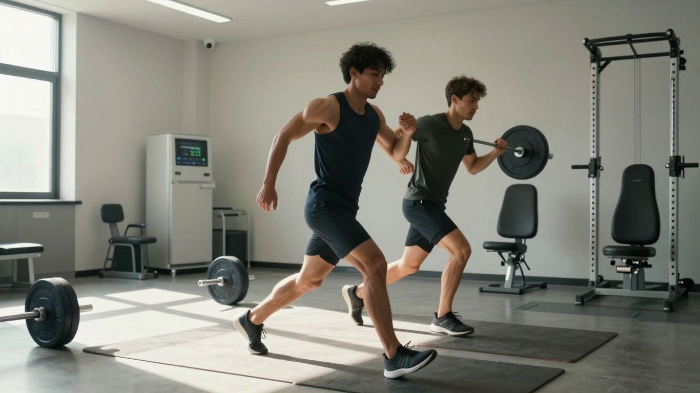 Atleta se recuperando em clínica de medicina esportiva moderna.