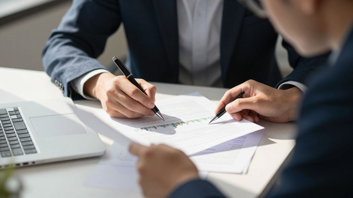 Beginner trader studying financial documents in a bright room.